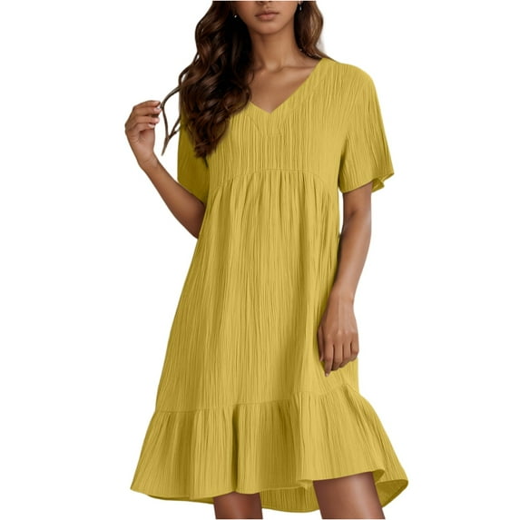 Cotton Linen 2025 Dresses for Women Ruffle Tiered Layered Cotton Linen Knee Length Swing Beach Dresses Short Sleeve V Neck Party Gauze Dresses Yellow XL