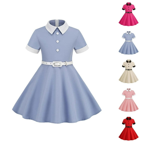 Dresses for Teen Girls Girls Formal Dresses Short Sleeve Belt Splicing Vintage Children's Dress Princess Dress