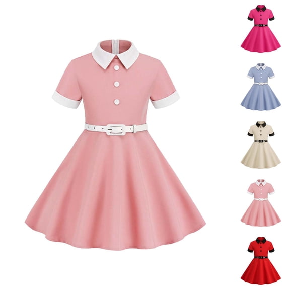 Dresses for Teen Girls Girls Formal Dresses Short Sleeve Belt Splicing Vintage Children's Dress Princess Dress