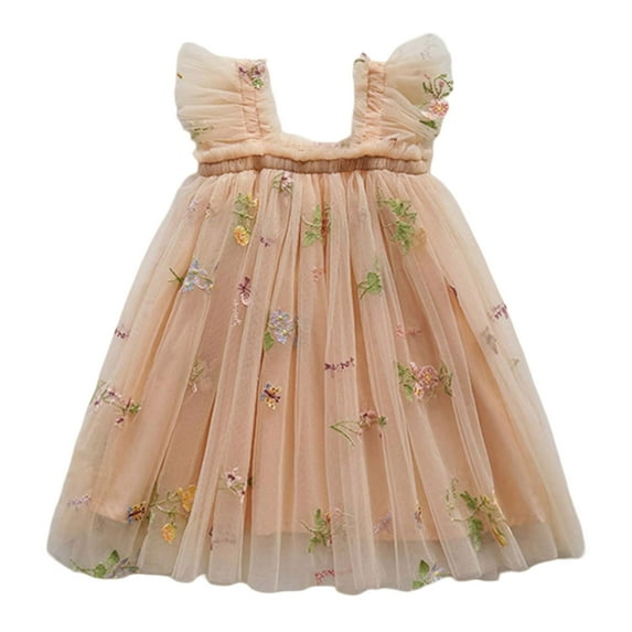 Dresses for Teens Fly Sleeves Embroider Princess Dance Party Floral Clothes Toddler Dress Beige 2-3 Years