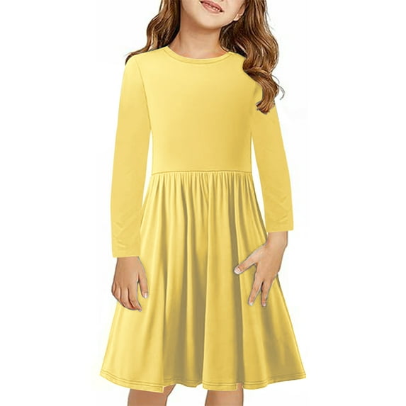 Dresses for Teens Long Sleeve Size 4-14 Toddlers Girls Casual Solid Color Crewneck Pleated A-Line Going Out Hiking Fall Midi Dress