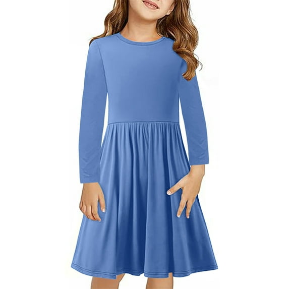 Dresses for Teens Long Sleeve Size 4-14 Toddlers Girls Casual Solid Color Crewneck Pleated A-Line Going Out Hiking Fall Midi Dress