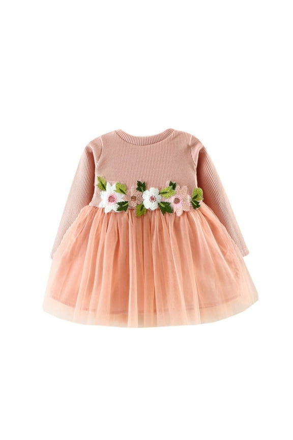 Dresses for Toddler Girls Flower Applied Long Sleeve Mesh Patchwork Fashion Dress