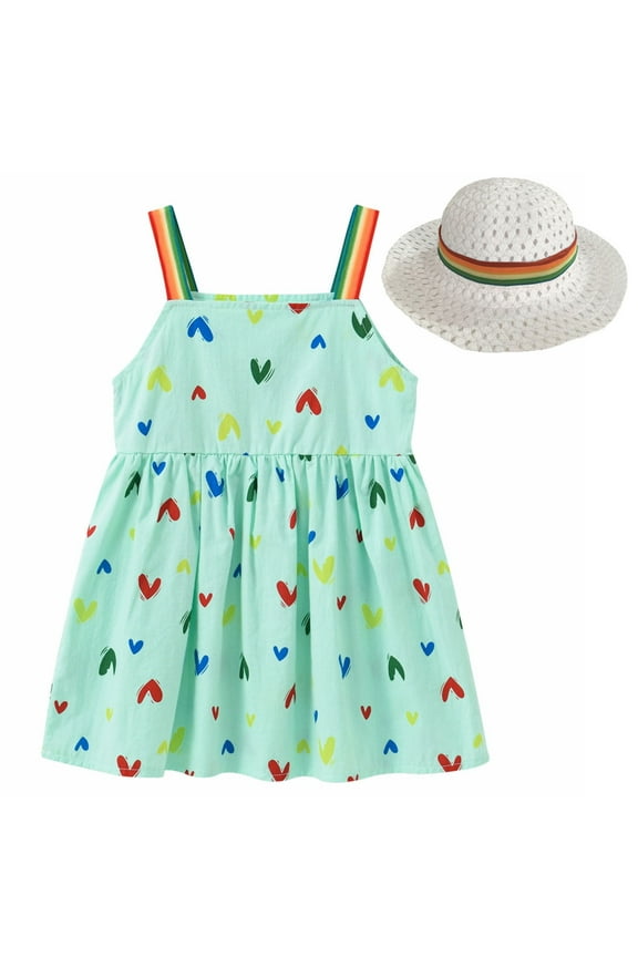 Dresses for Toddler Girls Summer Rainbow Strap Sunress Sun Hat Beach Party Gown Dress Size 12-18 Months