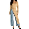 thumbnail image 1 of Dresses for Wedding Women's Crew Neck Split Hem Long Tops Asymmetrical Dress Long Sleeve Slim Fitting Long Tunic Shirt Khaki L, 1 of 5