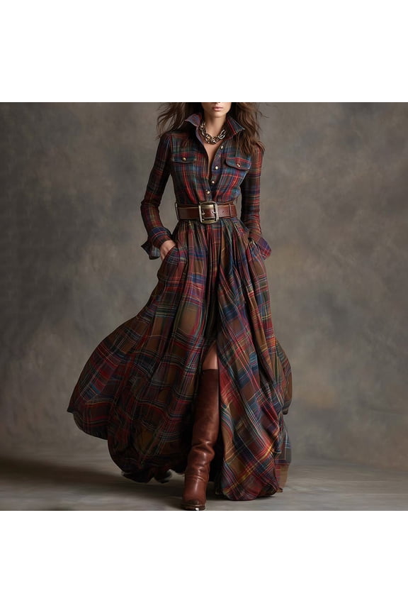 Dresses for Winter New Women's Plaid Irregular Long Sleeved Collared Button up Shirt Jacket Dress with Belt Style B-72 Red S