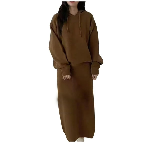 Dresses for Women 2 Pieces Casual Temperament Loose Hooded Knitted Sweater Skirt Two Piece Knitted Sweater Set