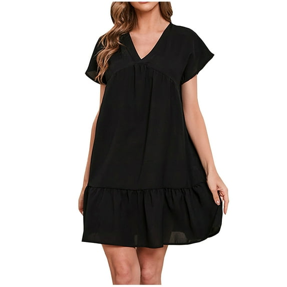 Dresses for Women 2022 Summer Casual Chiffon Solid Color V-Neck Short Sleeve Mini Dress Ladies Fashion Sundress