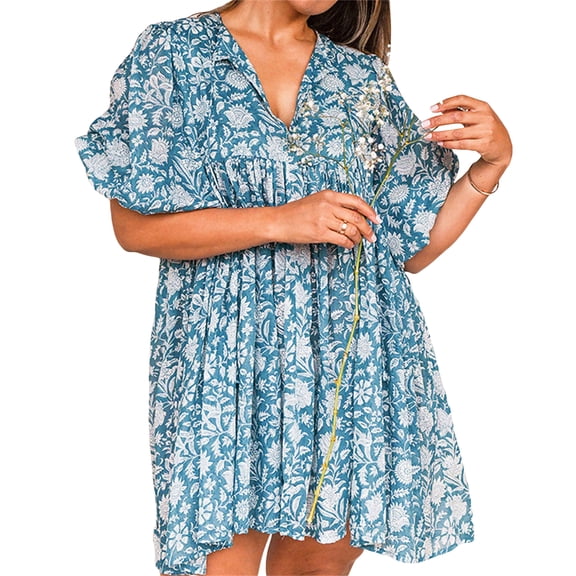 Dresses for Women 2023 Boho Dress Billowing Sleeves Tie Neckline Floral Tunic Dress Summer Flowy Beach Dress