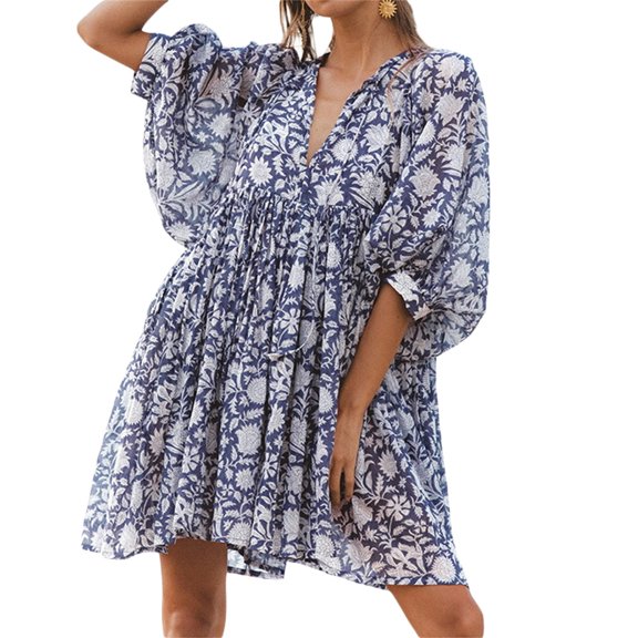 Dresses for Women 2023 Boho Dress Billowing Sleeves Tie Neckline Floral Tunic Dress Summer Flowy Beach Dress