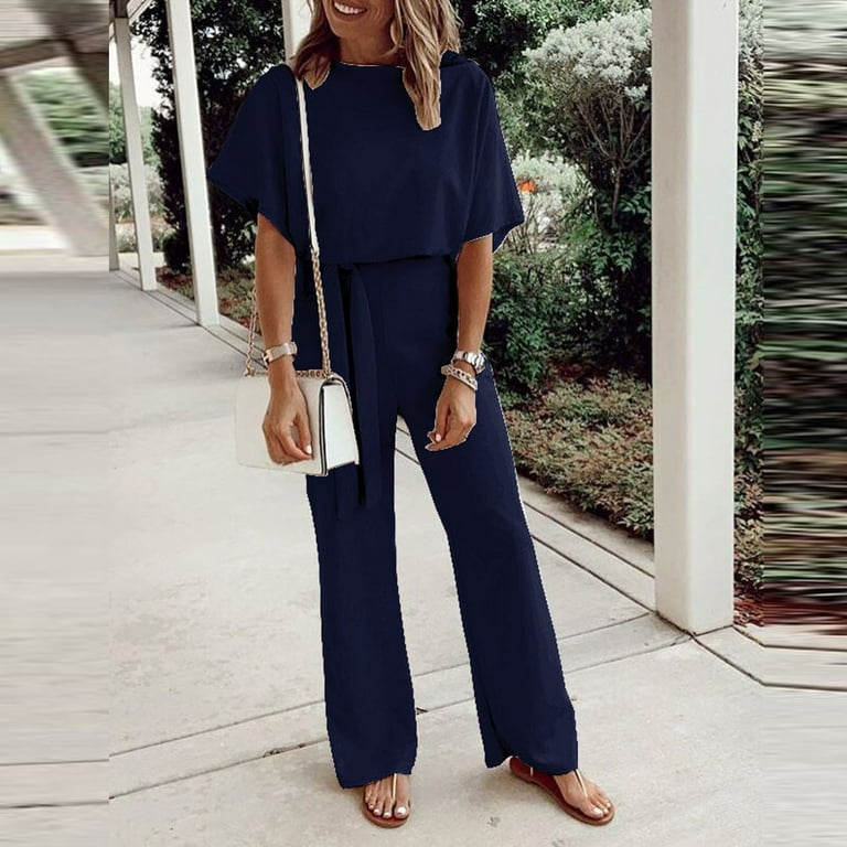 Navy short sleeve jumpsuit cheap