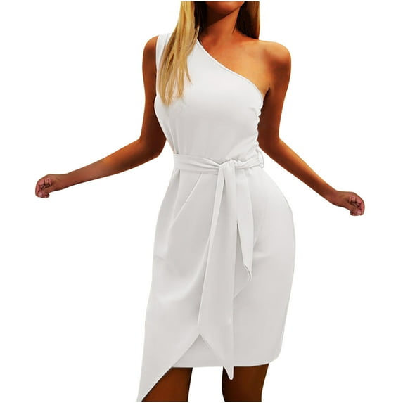 Dresses for Women 2023 One Shoulder Dresses for Women Sleeveless Sexy Solid Color Belted Mini Dress Slim Fitted Elegant Formal Cocktail Dresses