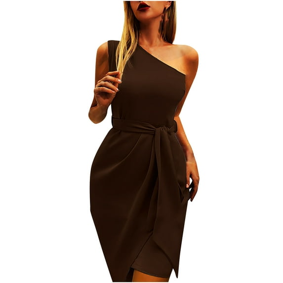 Dresses for Women 2023 One Shoulder Dresses for Women Sleeveless Sexy Solid Color Belted Mini Dress Slim Fitted Elegant Formal Cocktail Dresses