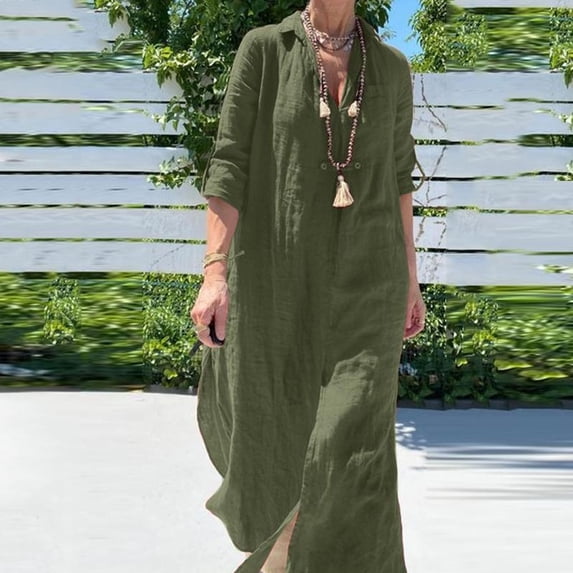 Dresses for Women 2023 Summer Fashion Spring/ V-neck 3/4 Sleeve Cotton Linen Maxi Long Dress for Wedding Guest Graduation Up to 65% off