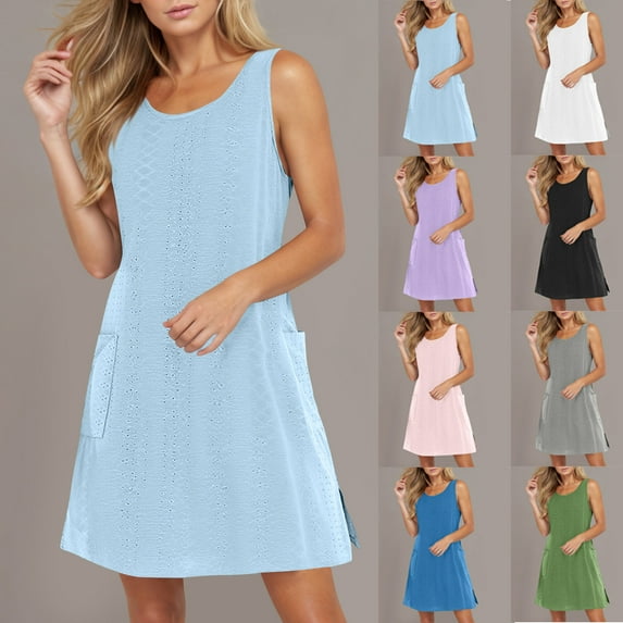 yoeyez Dresses for Women 2025 Vacation Knee Length Sundress Womens Eyelet Hollow Out Sleeveless Dress Summer Flowy Beach Mini Dress