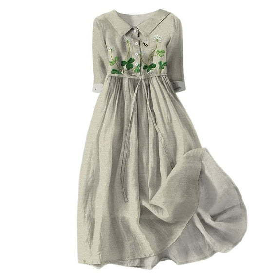 Dresses for Women 2024 Boho Floral Lapel Neck Button Casual A-Line Lace-Up Dress Vacation Beach Flowy Long Dress