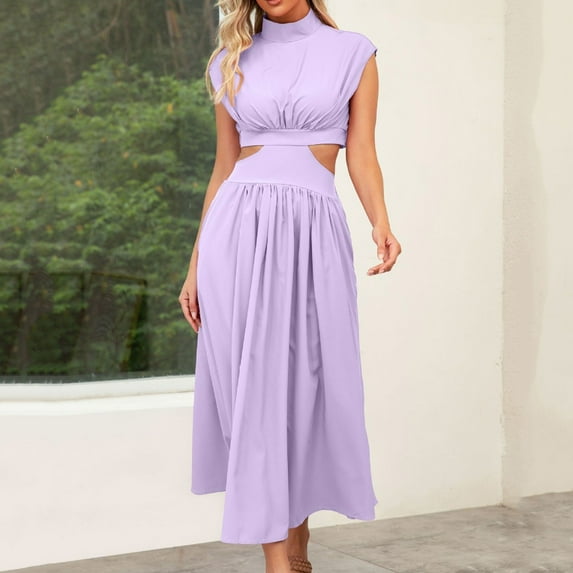 Dresses for Women 2024 Clearance Fashion Women Summer Solid Hollow Out Casual Mini Dress Sleeveless Round Neck Dress