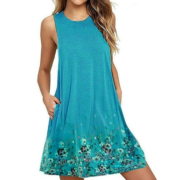 Tbopshirt Dresses for Women,Women Fashion O-Neck Printing Pockets Sleeveless A-Line Casual Nightdress Dress