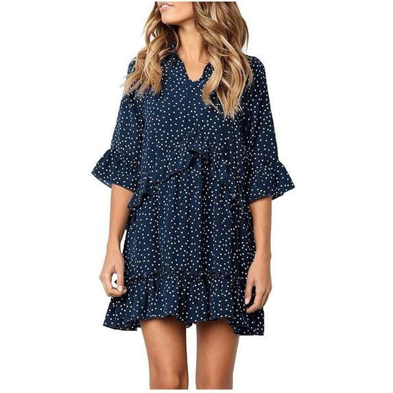 Dresses for Women 2024 Half Sleeve V Neck Mini Beach Dress Polka Dots Print Ruffle Hem Short Casual Summer Sundress