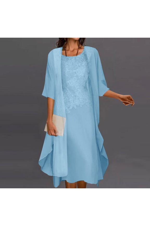 Dresses for Women 2025 Elegant Classy Casual Fashion Elegant Lace Chiffon Pure Color Two Piece Lace Sundress Light Blue XXL