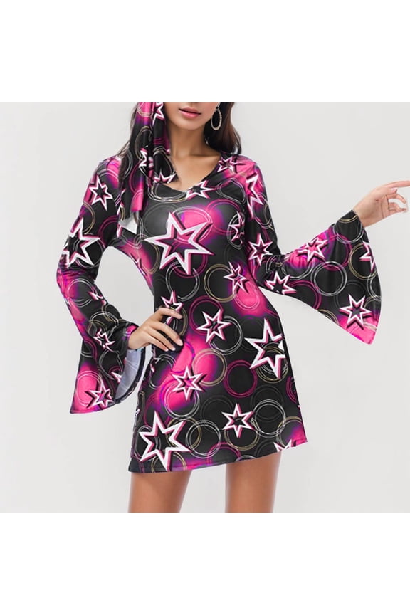 Dresses for Women 2025 Elegant Classy Fashion Printed Dress 70S Hippie Disco Long Sleeve Maxi Dress Black S