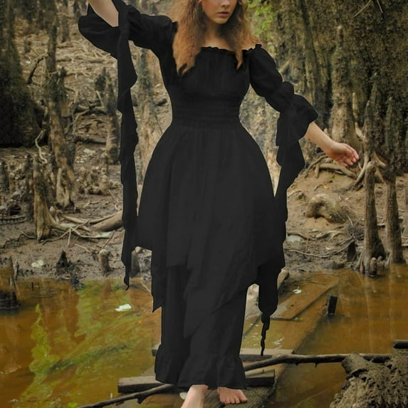 Dresses for Women 2025 Elegant Classy Trumpet Sleeve Irish with Corset Gothic Retro Long Sleeve Sundress Black S