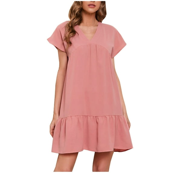 Dresses for Women 2025 Summer Casual Chiffon Solid Color V-Neck Short Sleeve Mini Dress Ladies Fashion Sundress