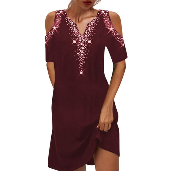 Dresses for Women Summer Casual Floral Printed Cold Shoulder Hollow Out Short Sleeve Mini Dress Ladies Sundress