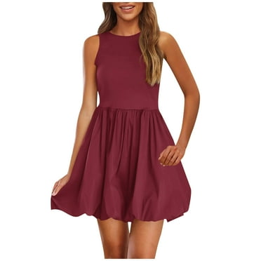 Dresses for Women 2025 Summer Pleat Loose Swing Knee Length Dress Casual Solid Sleeveless Crew Neck Bubble Sundress