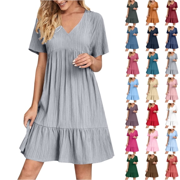 Dresses for Women 2025 Summer Saving Clearance, Fashion Women Summer Casual V-Neck Short Sleeve Mini Dress(Gray,M)