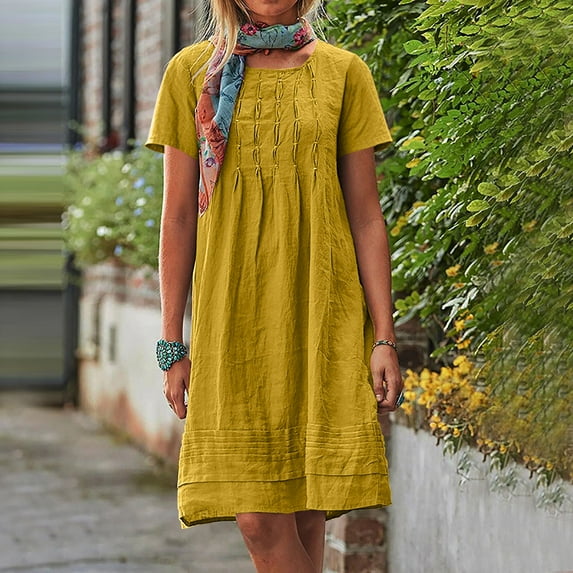 Dresses for Women 2025 Summer Saving Clearance, Women's And Linen Dress Long Sleeveless Solid Color Dress With Pocket Skirt(Yellow,M)