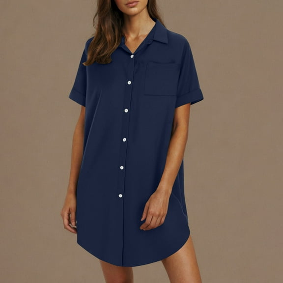 Dresses for Women 2025 Summer Saving Clearance, Women's Summer Button Up Shirt Skirt With A Collar Made Of And Linen Mini Dress Shirt Dress(Navy,L)