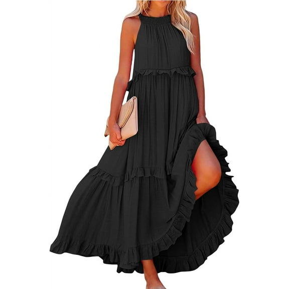Dresses for Women 2025 Summer Sleeveless Halter Neck Tea Party Flowy Vacation Tiered Loose Long Dress