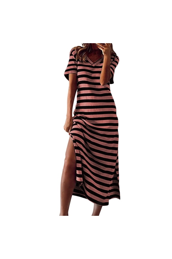 Dresses for Women 2025 Women Fashion Summer Casual Short Sleeve V-Neck Printing Dress Loose Dress Womens Maxi Dress Style B-22 Pinky XL