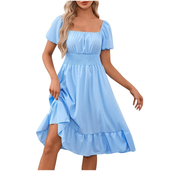 Dresses for Women 2026 Casual Spring Fashion Comfy Regular Print Short Sleeve Square Neck Knee-High Dress Loose Flowy Beach Sundress
