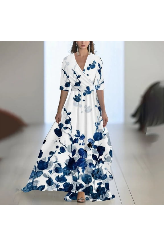 Dresses for Women 2026 Elegant Classy Wedding Guest Dress Empire Waist Floral Print Italian Dress Dark Blue M
