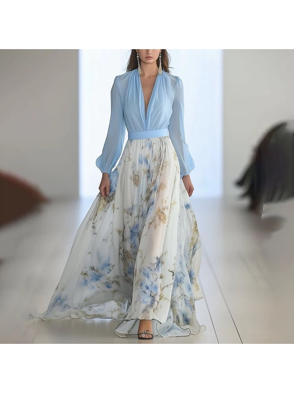 Dresses for Women Elegant Classy Wedding Guest Dress Empire Waist Floral Print Italian Dress Light Blue XL