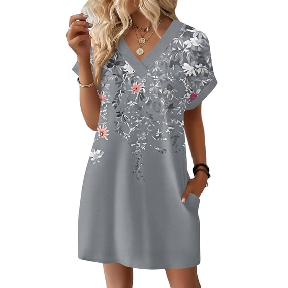 Dresses for Women 2026 Summer Casual V Neck Short Sleeve Dress Trendy Floral Print Sundress with Pockets 3XL