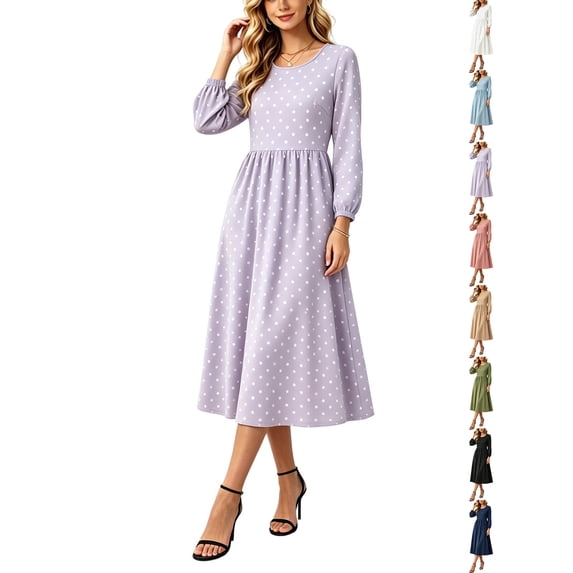 Dresses for Women 2026 Women's Round Neck Long Sleeve Dress, Casual Print All Season Dress, Polyester Spandex Dress