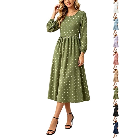 Dresses for Women 2026 Women's Round Neck Long Sleeve Dress, Casual Print All Season Dress, Polyester Spandex Dress