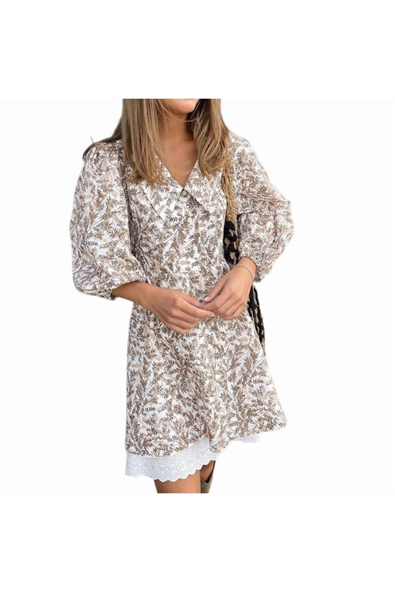 Dresses for Women Boho Floral V Neck Long Sleeve Ruffle Tiered Mini Dress Khaki L