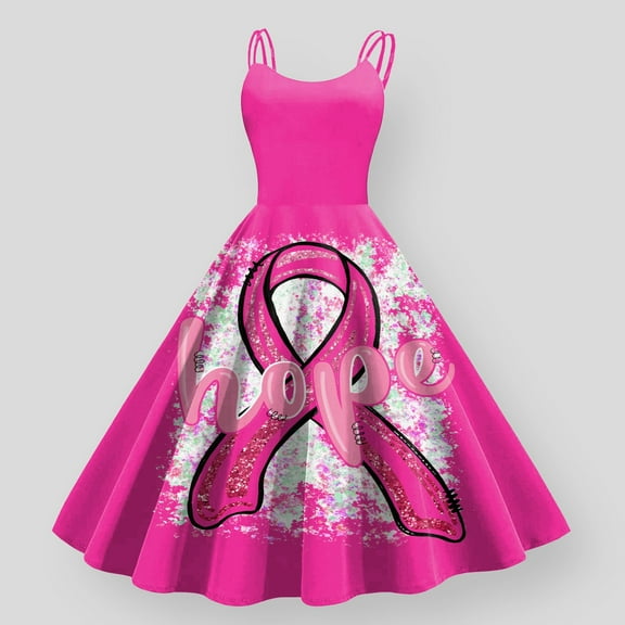 Dresses for Women Cancer Pink Ribbon Awareness Print Sleeveless Sun Dress Hot Pink XL