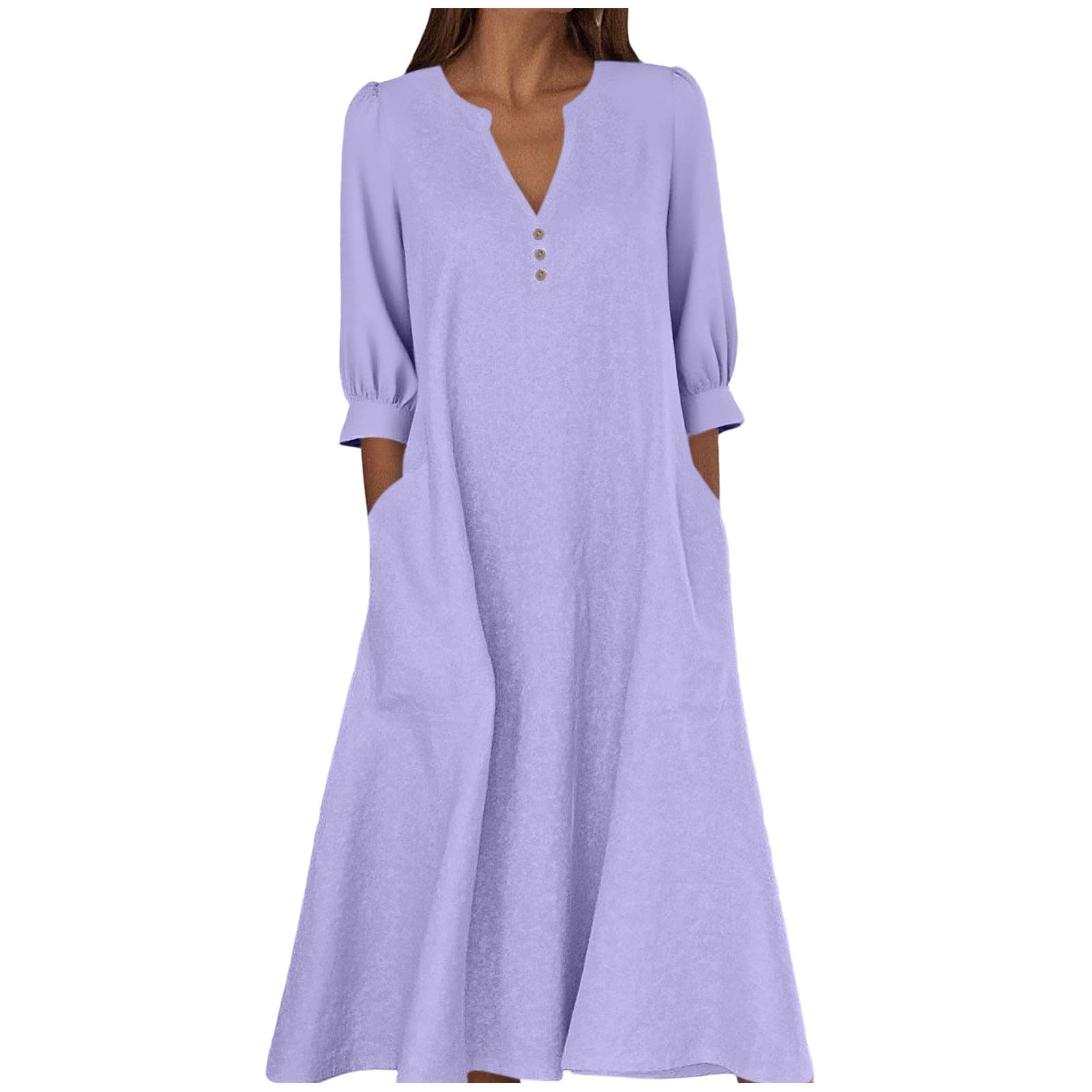 Dresses for Women Button V Neck 3/4 Sleeve Fall Dress Casual Beach ...