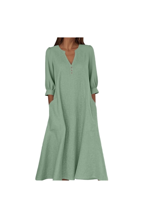 Dresses for Women Button V Neck 3/4 Sleeve Fall Dress Casual Beach Dress Sundress with Pockets