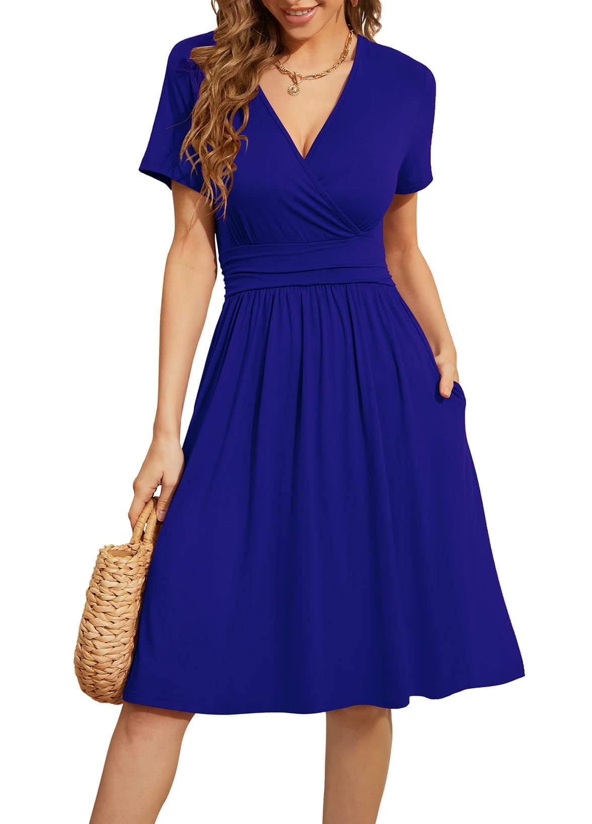 MANNXC Women's Summer Floral Print Dress - Short Sleeve V-Neck Casual Party Dress