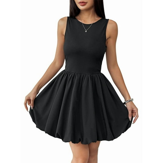 Dresses for Women Casual Sleeveless Backless Crew Neck Tank Mini Short Dress Bubble Sundress Black XL