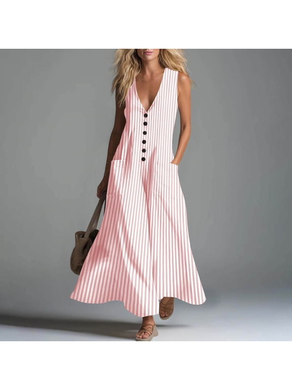 Dresses for Women Casual,Summer Striped Dress for Women Sleeveless Button Down Sundress Spaghetti Strap Loose Casual Beach Dress with Pockets