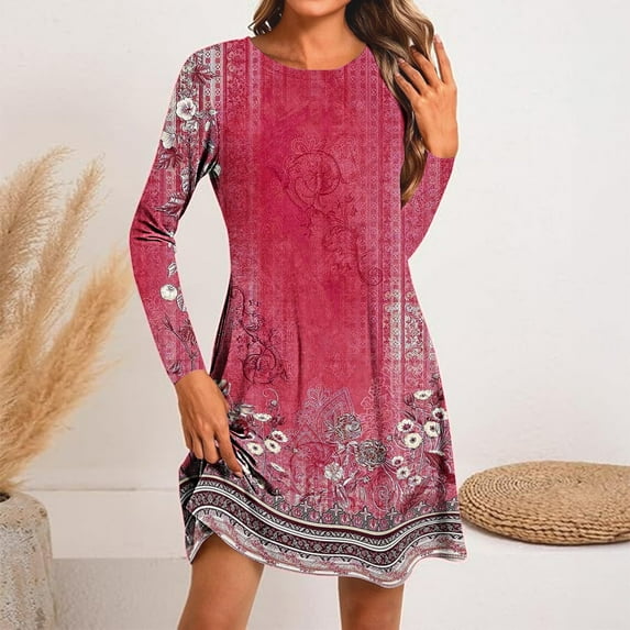 Dresses for Women Casual Women's Fashion Round-Neck Short Sleeved Printed Pullover Dress Discount Deals Hot Pink, XL