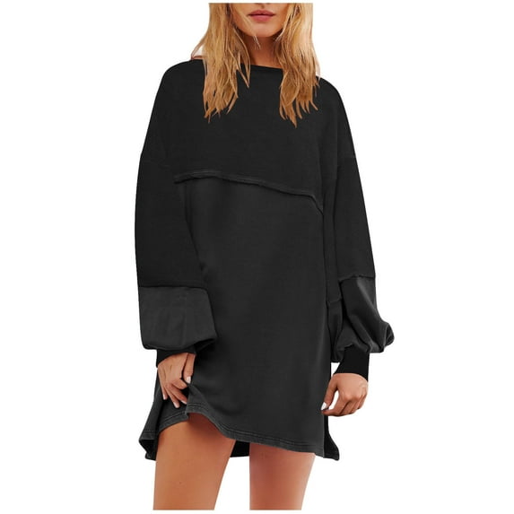 Dresses for Women Casual Women's Solid Color Long Sleeve Neck Slim Slit Dress Long Sleeve Round-Neck Dress on Clearance Black, S