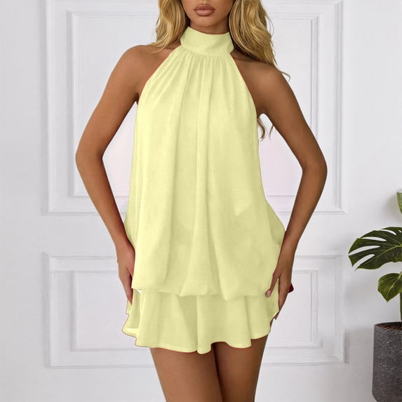 Dresses for Women Chiffon Halter Wedding Guest Dresses Ruffle Summer Mini Dress Formal Dresses for Women Color Yellow Size L